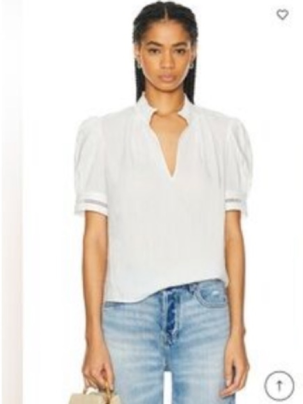 Frame Denim White Textured Puff-Sleeve Ruffle-Neck Blouse